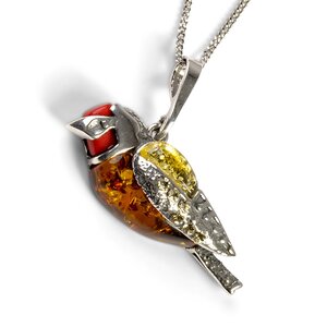 Goldfinch Bird Necklace In Silver Coral And Amber 22 56cm