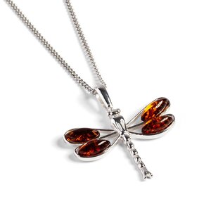 Dragonfly Necklace In Silver And Cognac Amber Cognac 22 56cm