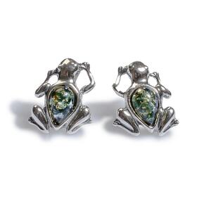 Frog Stud Earrings In Silver And Green Amber Default Title