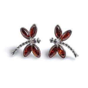 Pointed Dragonfly Stud Earrings In Silver And Amber Cognac Green