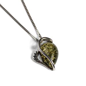 Green Amber Silver Necklace 16 42cm