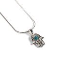 Click to view product details and reviews for Miniature Hamsa Hand Necklace In Silver And Turquoise 16 42cm.