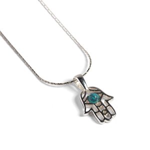 Miniature Hamsa Hand Necklace In Silver And Turquoise 16 42cm