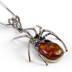 Handmade Spider Necklace In Silver Gold Vermeil And Amber 16 42cm