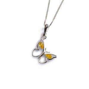 Small Butterfly Necklace In Silver And Yellow Amber 20 51cm