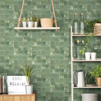 Evergreen Aqua Tile Wallpaper Dark Green Galerie 7345