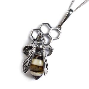 Hornet On Honeycomb Necklace In Silver And Amber 22 56cm