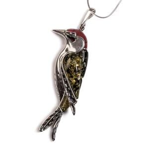 Large Woodpecker Bird Necklace In Silver Coral And Amber 16 42cm