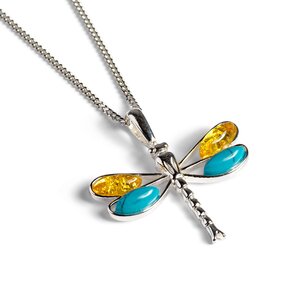 Dragonfly Necklace In Silver Turquoise And Amber 16 42cm