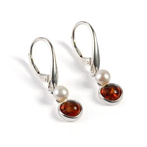 Delicate Pearl Drop Earrings In Silver And Amber Green