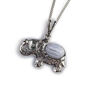 Elephant Necklace In Silver And Agate Blue Lace 16 42cm