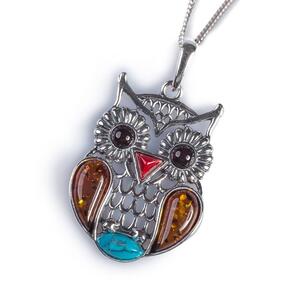 Feathered Owl Necklace In Silver Turquoise And Amber 16 42cm