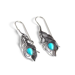 Peacock Feather Hook Earrings In Silver And Turquoise Default Title