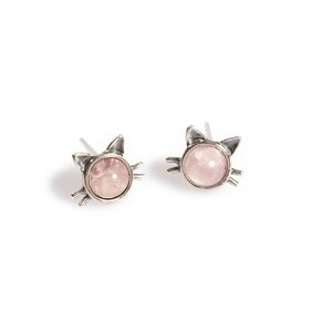Cute Cat Face Stud Earrings In Silver And Rose Quartz Default Title