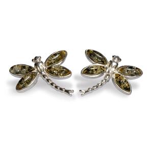 Pointed Dragonfly Stud Earrings In Silver And Green Amber Default Title