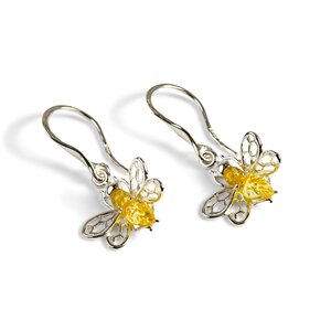 Honey Bee Drop Earrings In Silver And Yellow Amber Cognac