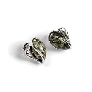 Green Amber Stud Earrings Set In Silver Default Title