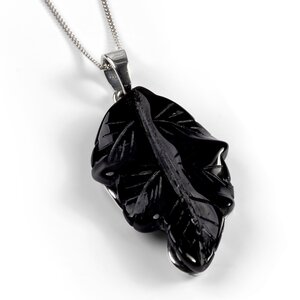 Hand Carved Black Agate Leaf Necklace Natural Designer Gemstone 16 42cm
