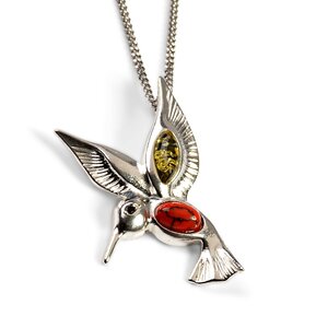 Hovering Hummingbird Necklace In Silver Green Amber And Coral 20 50cm