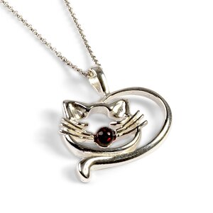 Sleeping Cat Necklace In Silver Cherry Amber 16 40cm
