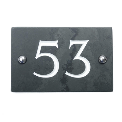 Slate house number 53 v-carved with white infill numbers