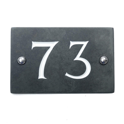 Slate house number 73 v-carved with white infill numbers