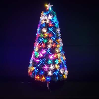 Green Fibre Optic Christmas Tree 2ft to 7ft with Multi Coloured LED Lights and Blue Bows, 4ft / 1.2m