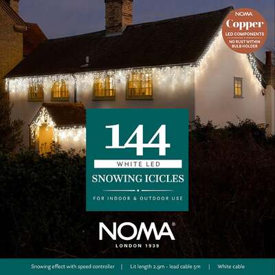 Noma Christmas 144, 240, 360, 480, 720, 960 White Snowing Icicle LED Lights with White Cable, 144 Bulbs