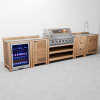 Draco Grills Teak 6 Burner Outdoor Kitchen with Modular Double Fridge, Sink, Single Cupboard, Triple Drawers, With Side Panels / End of June 2024