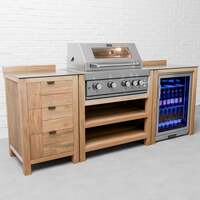 Draco Grills Teak 4 Burner Outdoor Kitchen with Modular Triple Drawer Unit and Single Fridge, With Side Panels / End of June 2024