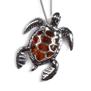 Sea Turtle Tortoise Necklace In Silver And Cognac Amber 22 56cm