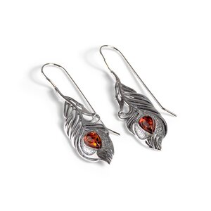 Peacock Feather Hook Earrings In Silver And Amber Default Title