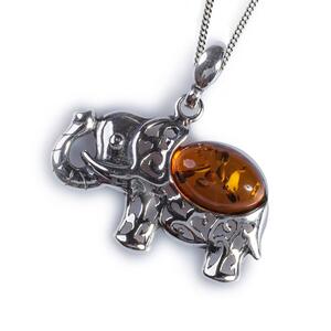 Elephant Necklace In Silver And Amber Cognac 16 42cm