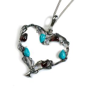 Tree Of Love Heart Necklace In Silver Turquoise And Cherry Amber 16 42cm