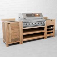 Draco Grills Teak 6 Burner Outdoor Kitchen with Modular Single Cupboard and Wine Cabinet, Without Side Panels / End of June 2024