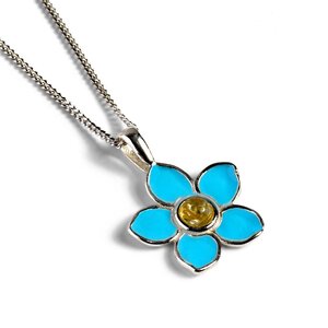 Handpainted Forget Me Not Necklace In Silver And Yellow Amber 16 42cm