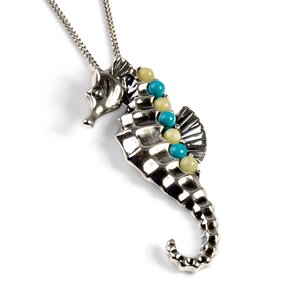 Large Seahorse Necklace In Silver Turquoise And Amber 18 455cm