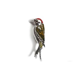 Small Green Woodpecker Bird Brooch In Silver Coral And Amber Default Title