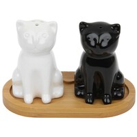 Joe Davies Black/White Cat Cruet Set with Bamboo Stand