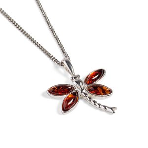 Pointed Dragonfly Necklace In Silver And Amber Cognac Green 16 42cm