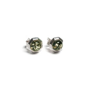 Small Round Stud Earrings In Silver And Green Amber Default Title
