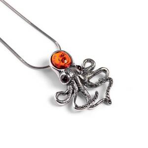 Statement Silver Octopus Necklace With Amber 16 42cm