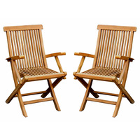 Pair Of Solid Wooden Teak Garden Outdoor Folding Arm Chairs