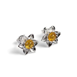 Daffodil Flower Stud Earrings In Silver And Yellow Amber Default Title