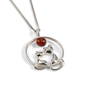 Cuddling Cats Necklace In Silver And Amber 20 50cm