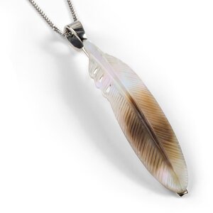 Hand Carved Feather Necklace In Silver And Mother Of Pearl 16 40cm