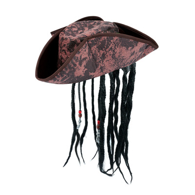 Adults Deluxe Pirate Tricorn Hat With Attached Hair