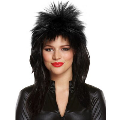 80's Black Spikey Glam Rock Mullet Fancy Dress Wig