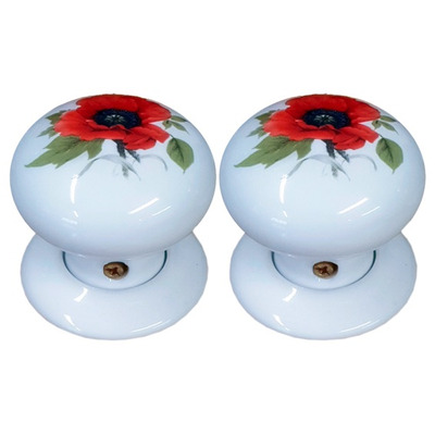 Chatsworth Floral Porcelain Mortice Door Knobs, Red Poppy - BUL602-7-RED-POPPY (sold in pairs) PORCELAIN RED POPPY MORTICE KNOB