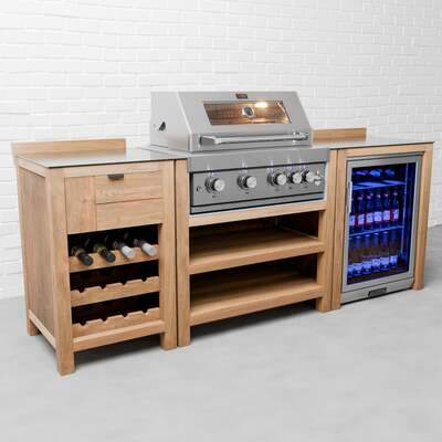 Draco Grills Teak 4 Burner Outdoor Kitchen with Modular Wine Cabinet and Single Fridge, With Side Panels / End of July 2024